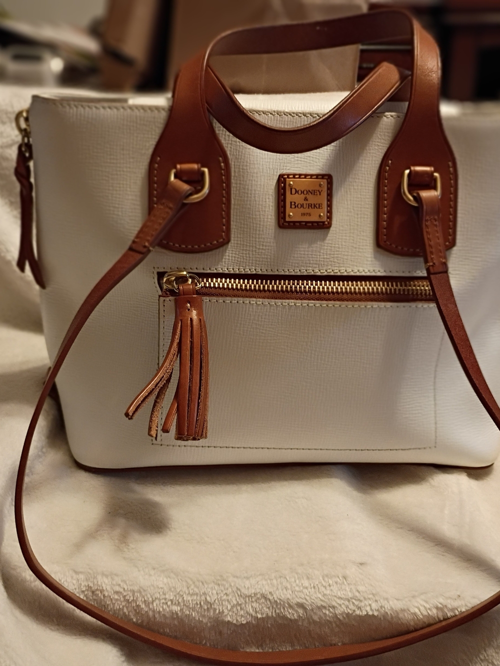 Dooney & Bourke White and Brown Saffiano Leather Tote*****Please See Notes***